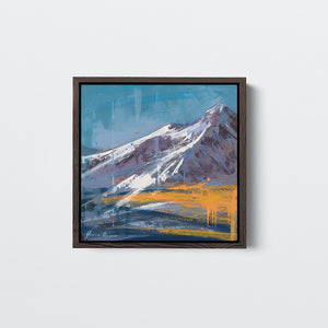 "Ascending Grandeur" by James Ayers, a 20x16” abstract mountain painting featuring the Rocky Mountains, snow-covered peaks, and autumn colors in oil, spray paint, and crayon.