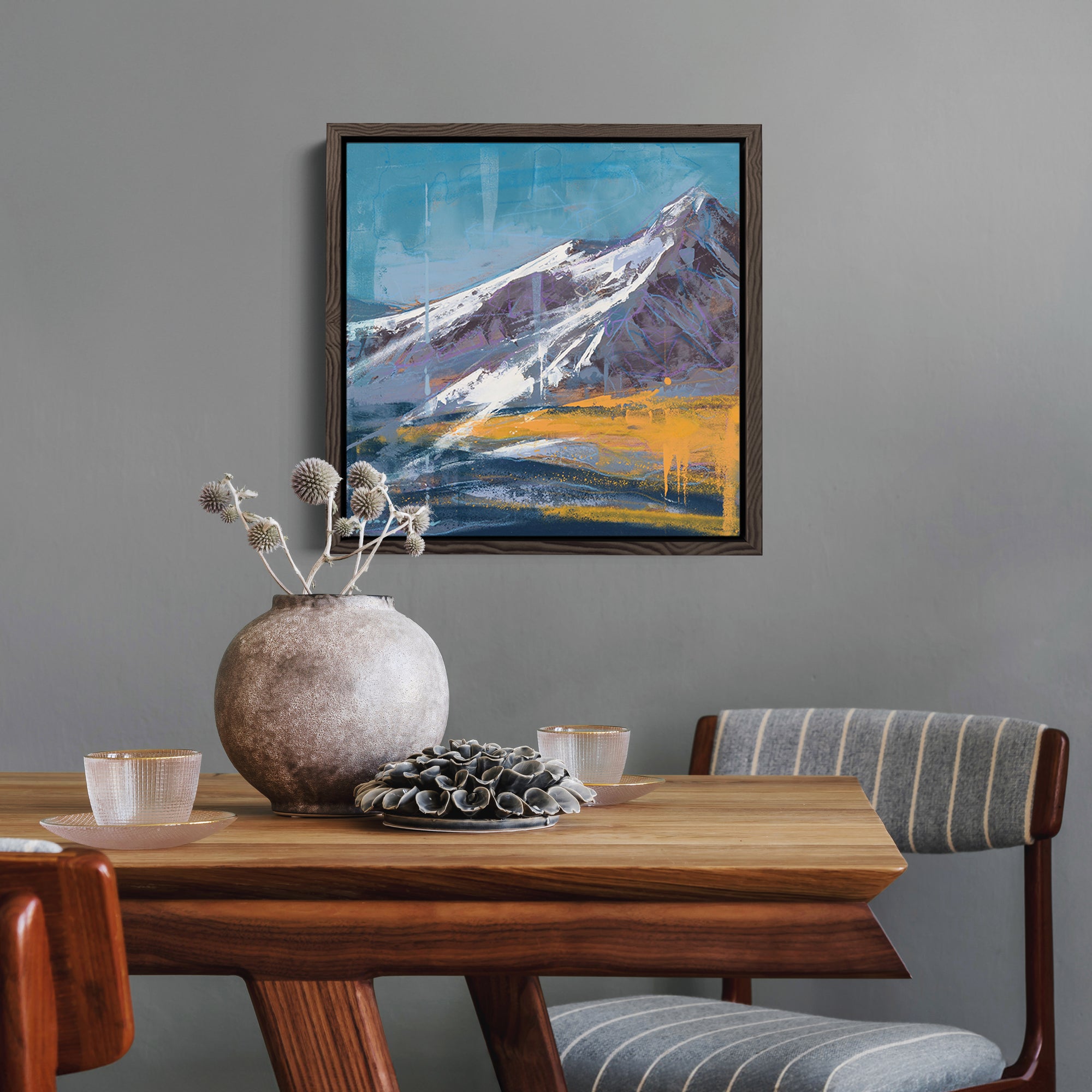 "Ascending Grandeur" by James Ayers, a 20x16” abstract mountain painting featuring the Rocky Mountains, snow-covered peaks, and autumn colors in oil, spray paint, and crayon.