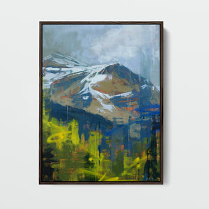 "Ascending Interplay" by James Ayers, an abstract mountain painting with bold colors and snow-capped peaks.