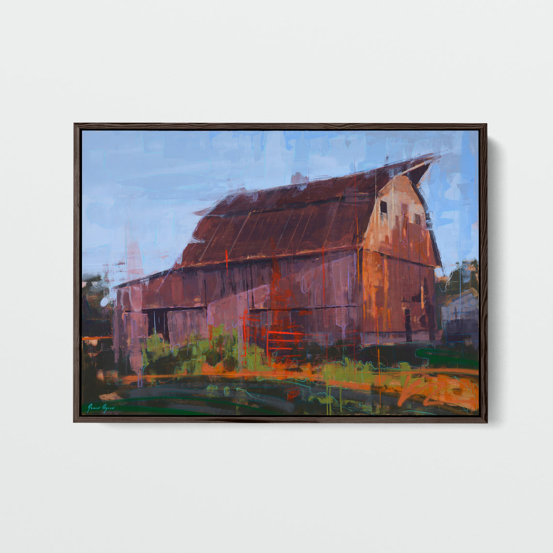 "Barn at Dawn's Edge" by James Ayers, a 30x42” rural barn painting capturing the morning light over a nostalgic farm landscape, created with oil, spray paint, and crayon.