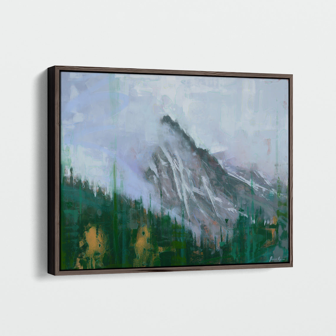 Side view of "Into the Mystic Mountains" by James Ayers, highlighting the depth, framing, and textured surface of the abstract mountain painting.