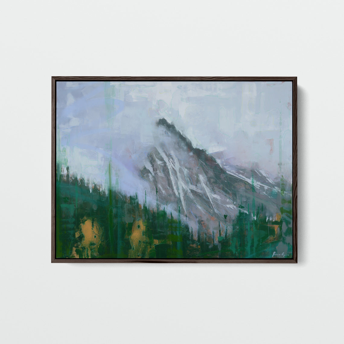 "Into the Mystic Mountains" by James Ayers, a 28x40” abstract mountain painting featuring mist-shrouded peaks, rich textures, and expressive spray paint and crayon details.