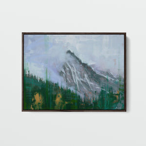 "Into the Mystic Mountains" by James Ayers, a 28x40” abstract mountain painting featuring mist-shrouded peaks, rich textures, and expressive spray paint and crayon details.