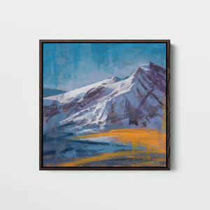 "Touching the Sky" by James Ayers – a 30x30” abstract mountain painting featuring snow-capped peaks, bold autumn colors, and expressive textures in oil, spray paint, and crayon.