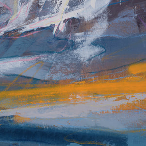 Detail of "Touching the Sky" by James Ayers, showing the rich layering of spray paint, crayon, and oil paint to create depth and movement in the mountain landscape.